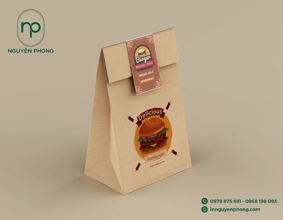 Thiết kế bao bì thực phẩm trên túi giấy đựng burger